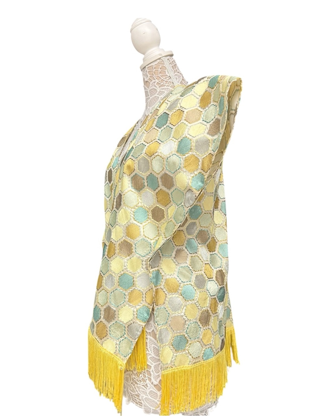 Vintage 60s Embroidered Honeycomb Hexagon Pattern Fringe Poncho Vest Boho - Picture 3 of 10